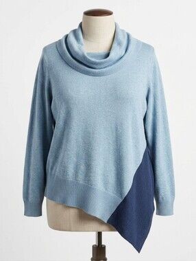 Verve Ami Light Blue and Navy Asymmetrical Cowl-Neck Sweater Size 1X